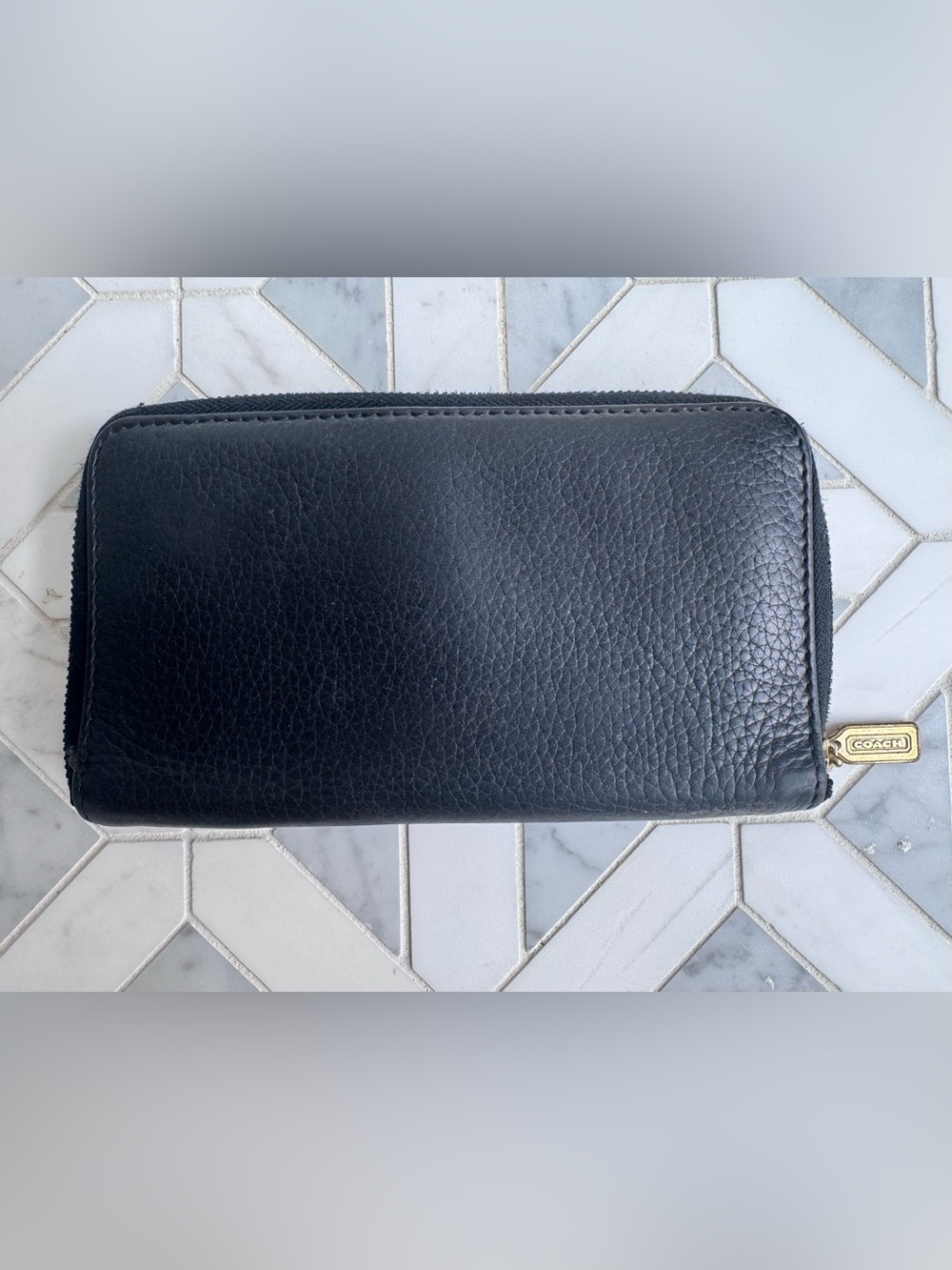 Vintage Coach 1990s Black Pebbled Leather Zip Around Wallet with Brass Zipper